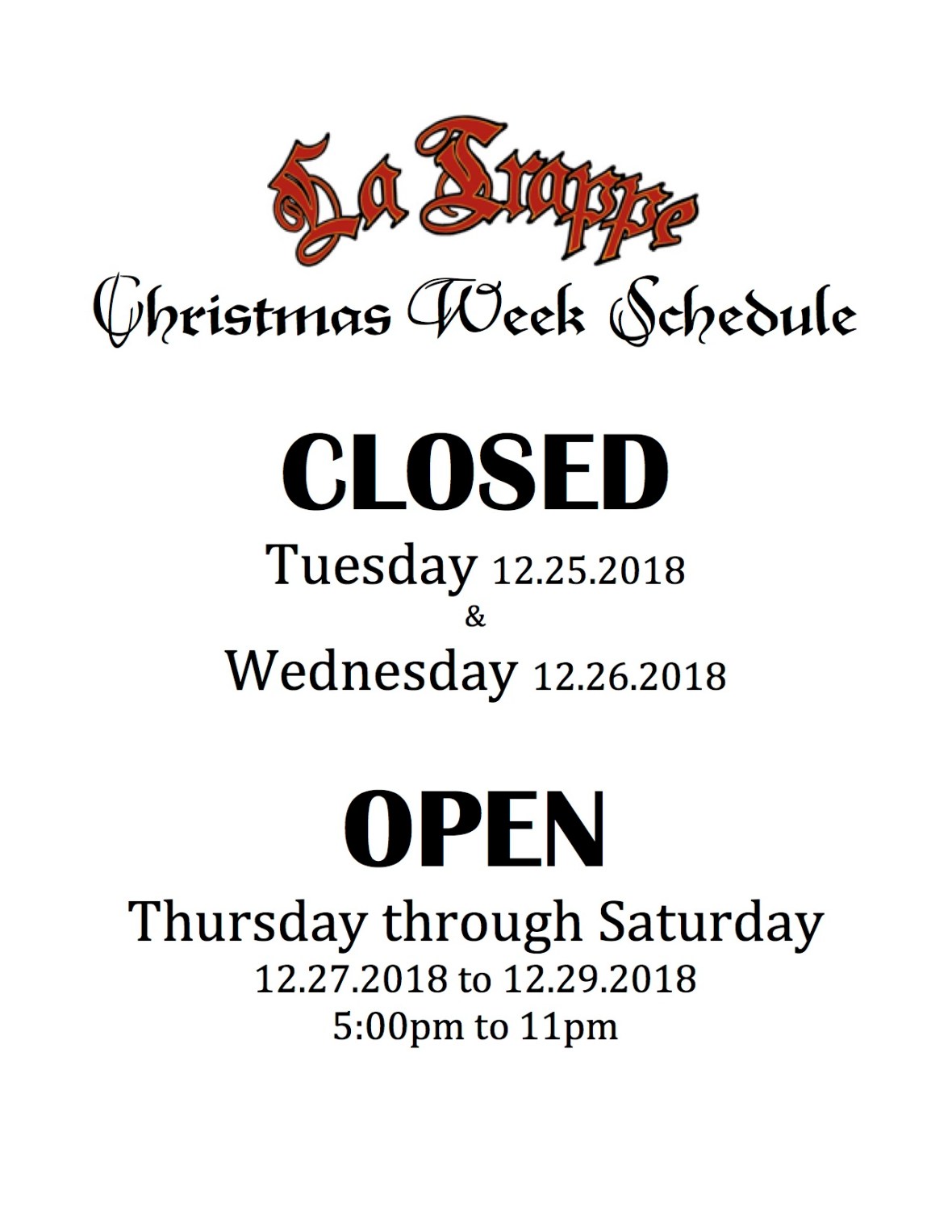 Christmas Week Schedule